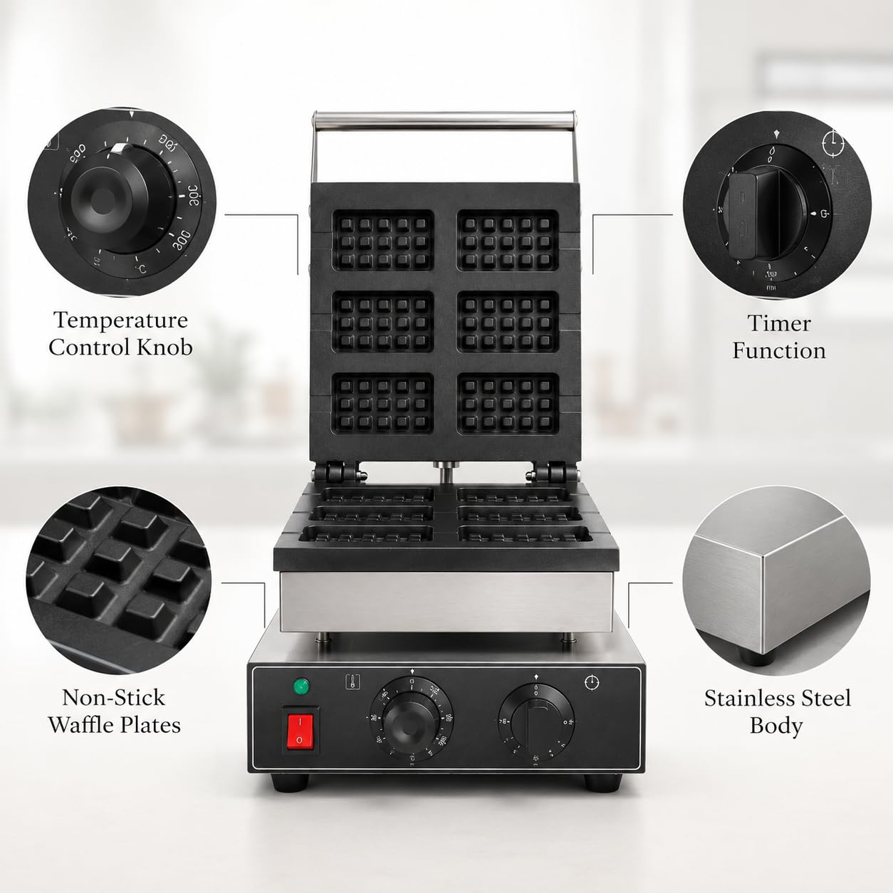 Gurubhai Equipments 6 PCS Biscuit Waffle Machine, Commercial Electric Biscuit Baker, Non-Stick Waffle Biscuit Maker for Cafe Bakery Restaurant