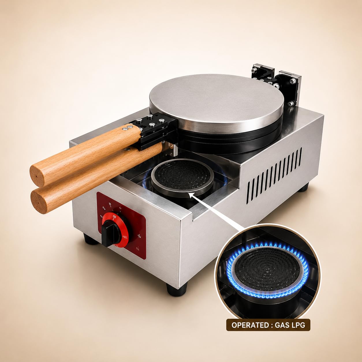 Gurubhai Equipments Wooden Handle Round Belgian Gas Waffle, Machine Commercial Belgian Waffle Maker, Heavy Duty Waffle Baker for Cafe Bakery