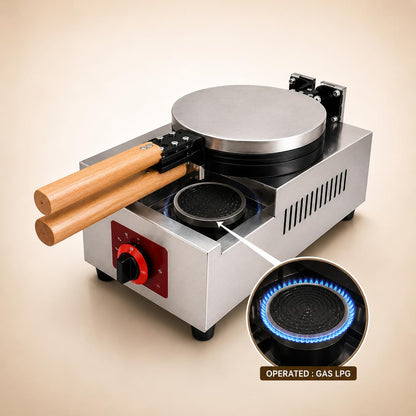 Gurubhai Equipments Wooden Handle Round Belgian Gas Waffle, Machine Commercial Belgian Waffle Maker, Heavy Duty Waffle Baker for Cafe Bakery