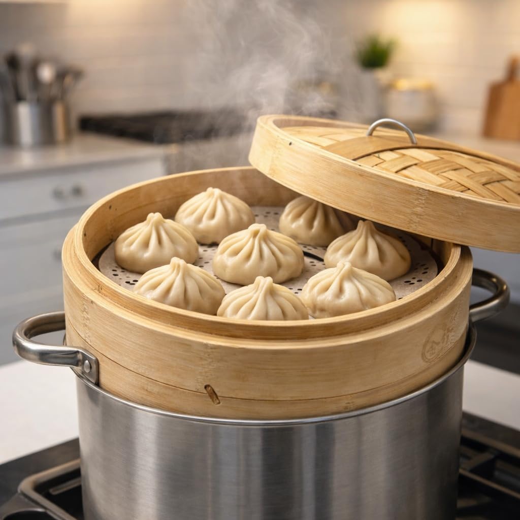 Gurubhai Equipments Bamboo Steamer Basket with Lid | Natural Gurubhai Equipments Bamboo Food Steaming Basket for Momos, Dumplings, Idli & Vegetables | Multipurpose Kitchen & Restaurant Use (26 CM)