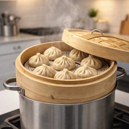 Gurubhai Equipments Bamboo Steamer Basket with Lid | Natural Gurubhai Equipments Bamboo Food Steaming Basket for Momos, Dumplings, Idli & Vegetables | Multipurpose Kitchen & Restaurant Use (20 CM)