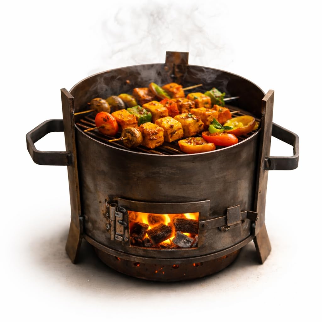 Gurubhai Equipments Heavy Gauge Iron Charcoal Sigdi | 11 Inch Round BBQ Coal Stove with Grill Rods | Portable Bhatti for Tandoor, Barbecue & Street Food Use | Strong Handles & Air Vent Door