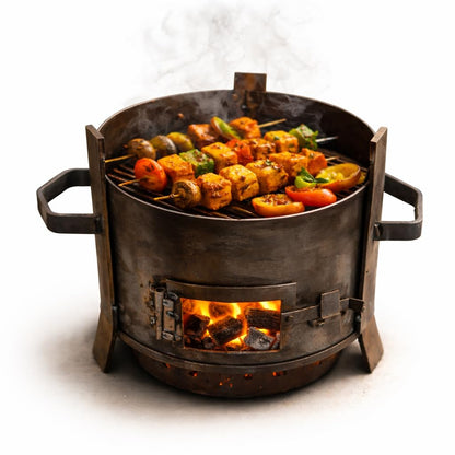 Gurubhai Equipments Heavy Gauge Iron Charcoal Sigdi | 11 Inch Round BBQ Coal Stove with Grill Rods | Portable Bhatti for Tandoor, Barbecue & Street Food Use | Strong Handles & Air Vent Door