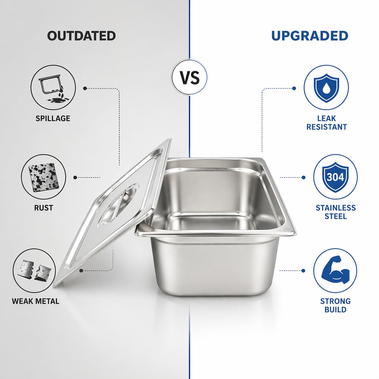 GURUBHAI EQUIPMENTS Gn Pan Food Container 1/2 100mm (4" Deep) Stainless Steel Gastronorm Pan with Lid-(Set of 1) – Easy-to-Clean Food Storage Solution for Commercial Kitchens, Catering use