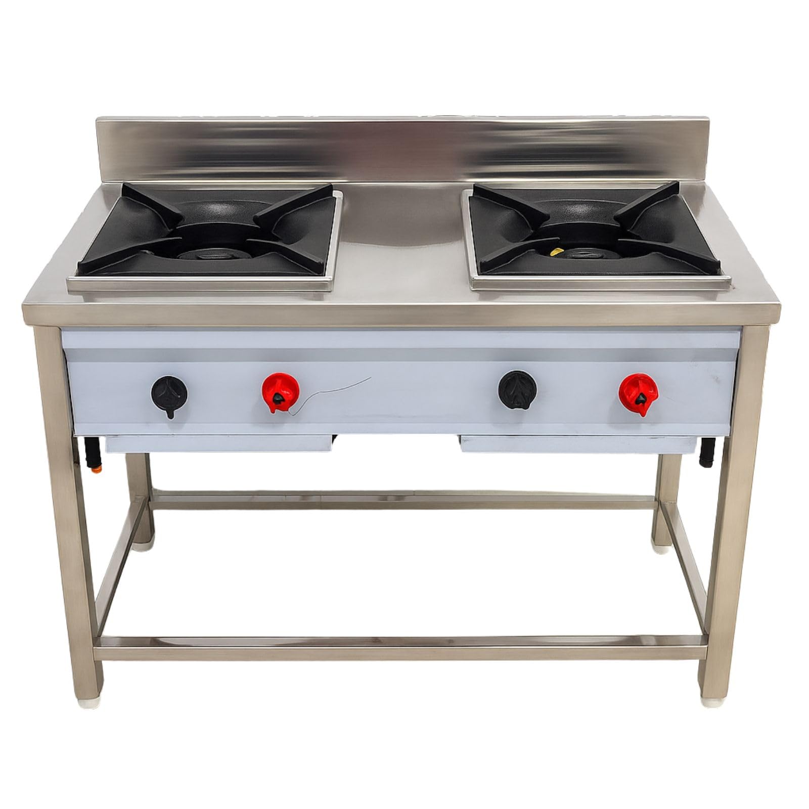 Gurubhai Equipments Commercial Stainless Steel Double Burner Gas Stove | Heavy-Duty Cooking Range with Backsplash & Control Valves for Restaurant, Hotel & Catering Kitchen
