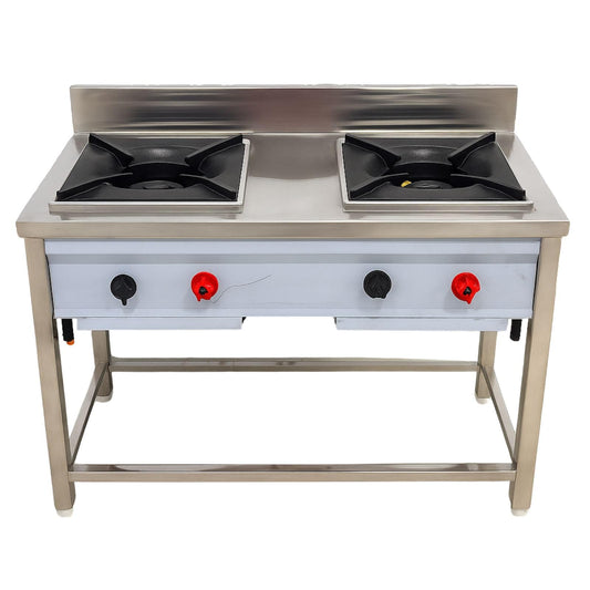 Gurubhai Equipments Commercial Stainless Steel Double Burner Gas Stove | Heavy-Duty Cooking Range with Backsplash & Control Valves for Restaurant, Hotel & Catering Kitchen