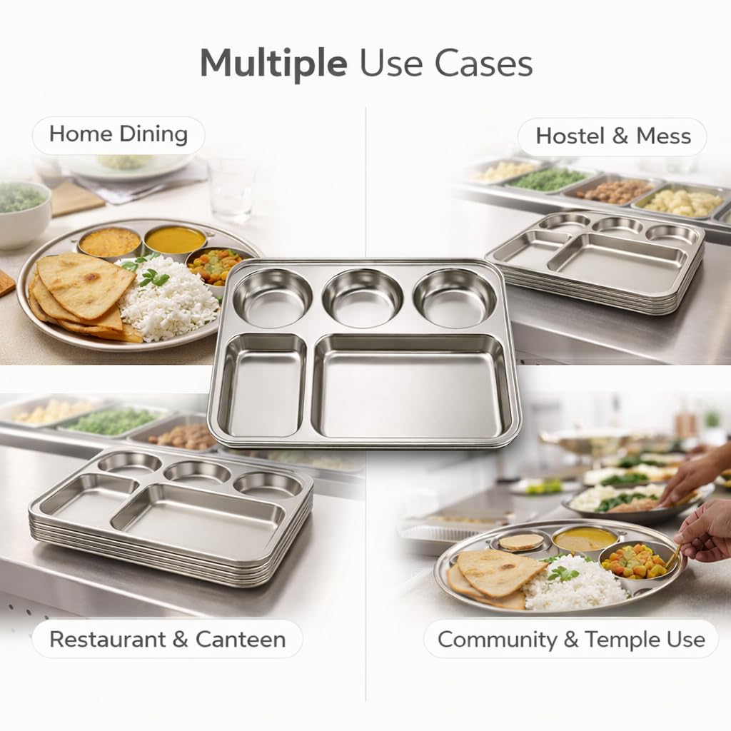 GURUBHAI EQUIPMENTS Stainless Steel Compartment Thali Plates with Sections | Durable Partition Plates for Mess, Canteen, Hostel & Home Dining