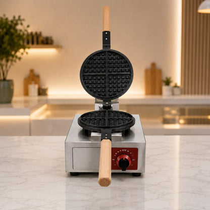 Gurubhai Equipments Wooden Handle Round Belgian Gas Waffle, Machine Commercial Belgian Waffle Maker, Heavy Duty Waffle Baker for Cafe Bakery