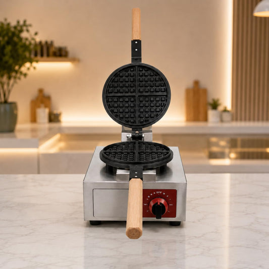 Gurubhai Equipments Wooden Handle Round Belgian Gas Waffle, Machine Commercial Belgian Waffle Maker, Heavy Duty Waffle Baker for Cafe Bakery