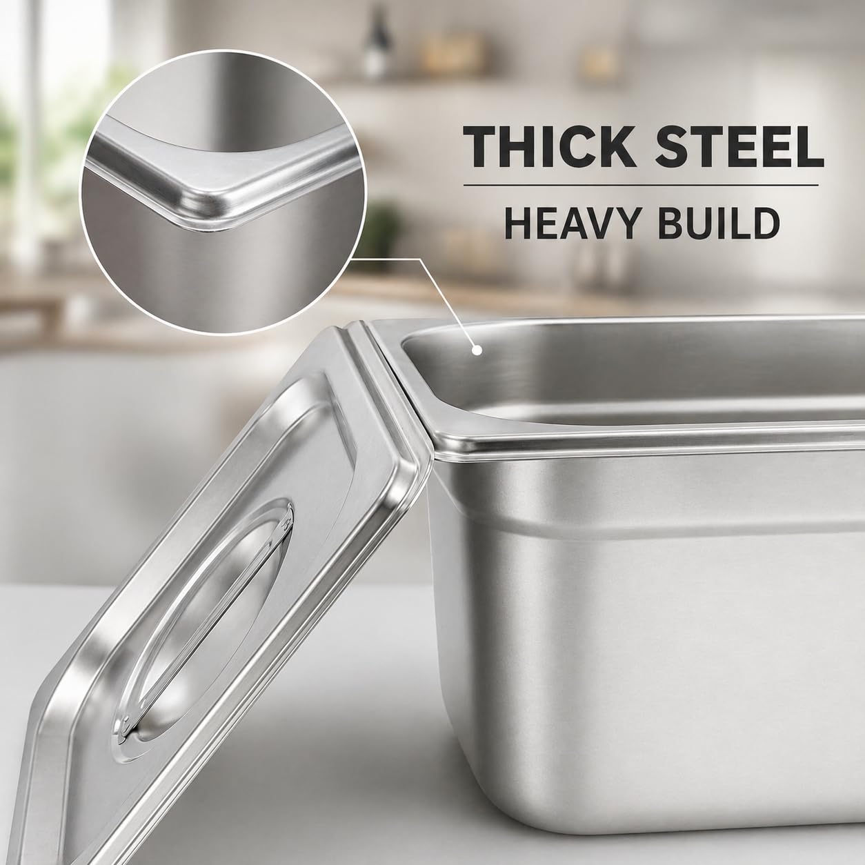 GURUBHAI EQUIPMENTS GN Pan Food Container 1/6 150 mm with lid Stainless Steel Gastronorm Pan with Lid, Easy-to-Clean Food Storage Solution for Commercial Kitchens & Catering Use