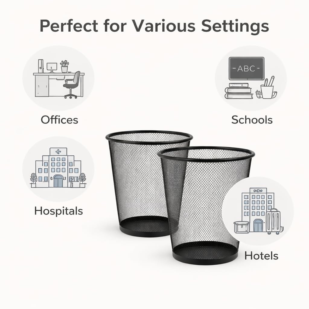 GURUBHAI EQUIPMENTS Metal Mesh Waste Bin | Black Dustbin for Office, Home, Kitchen, Study Room & Bathroom | Round Open Trash Can for Paper & Dry Waste (Steel Mesh, Rust-Resistant)