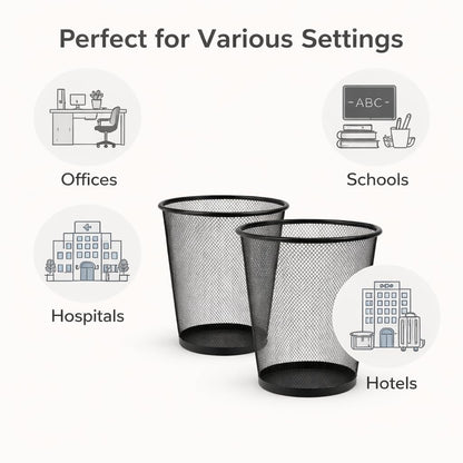 GURUBHAI EQUIPMENTS Metal Mesh Waste Bin | Black Dustbin for Office, Home, Kitchen, Study Room & Bathroom | Round Open Trash Can for Paper & Dry Waste (Steel Mesh, Rust-Resistant)