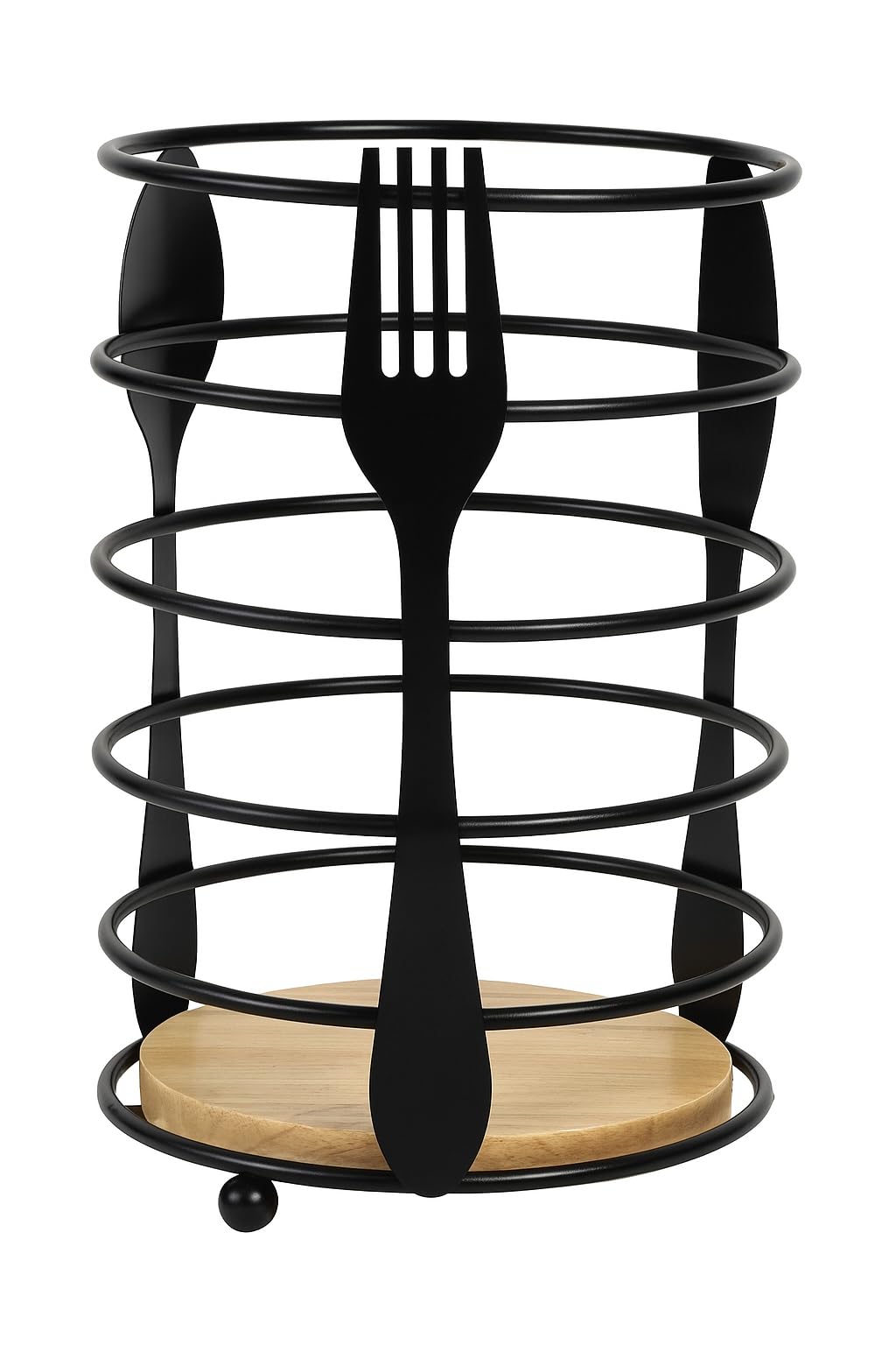 GURUBHAI EQUIPMENTS Round Cutlery Holder with Wooden Base – Black Metal Utensil Stand for Dining Table | Spoon Fork Knife Organizer for Kitchen, Home, Café & Restaurant Use