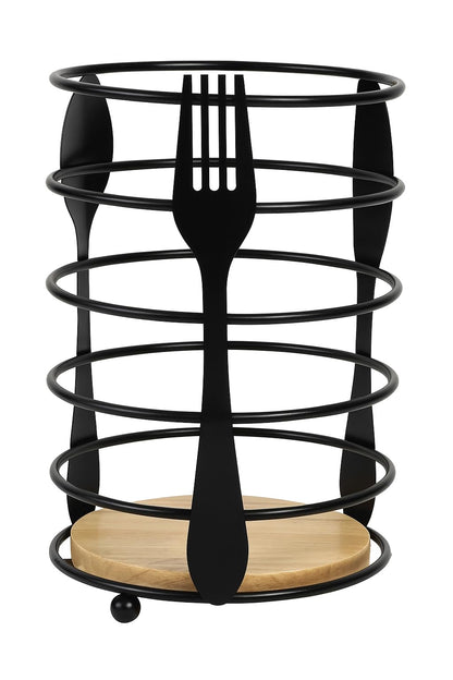 GURUBHAI EQUIPMENTS Round Cutlery Holder with Wooden Base – Black Metal Utensil Stand for Dining Table | Spoon Fork Knife Organizer for Kitchen, Home, Café & Restaurant Use