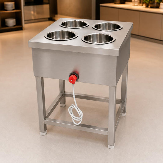 Gurubhai Equipments 4 Pot Electric Bain Marie Commercial Food Warmer Stainless Steel Steam Table Buffet Counter for Restaurant Catering