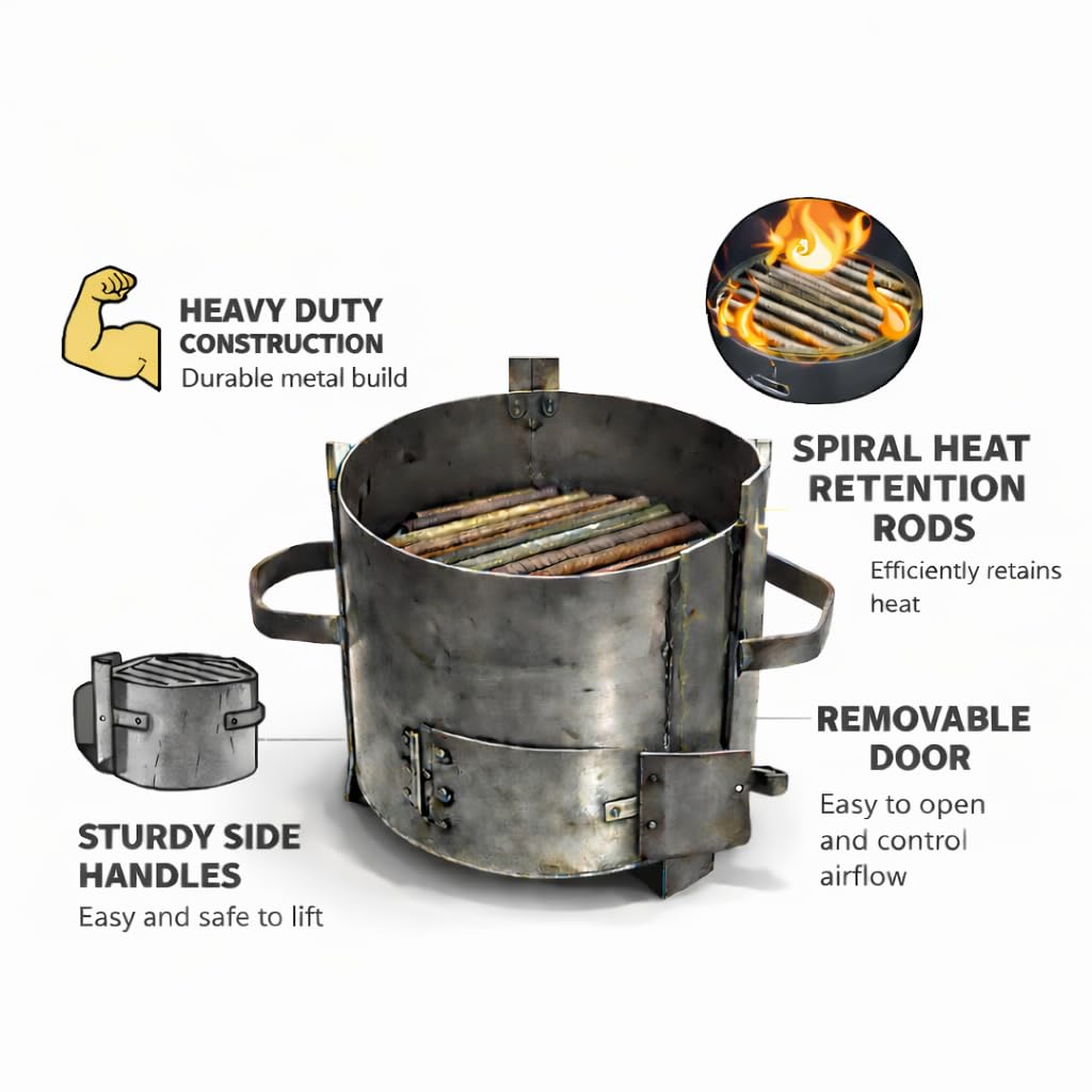 Gurubhai Equipments Heavy Gauge Iron Charcoal Sigdi | 11 Inch Round BBQ Coal Stove with Grill Rods | Portable Bhatti for Tandoor, Barbecue & Street Food Use | Strong Handles & Air Vent Door