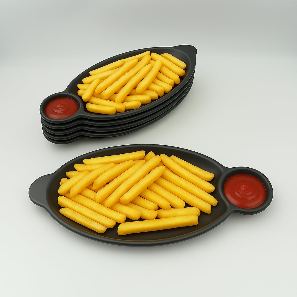 GURUBHAI EQUIPMENTS Melamine Serving Platter – Set of 6 | Unbreakable Bat Platter/Trays for French Fries, Momos, Rolls, Snacks & Desserts | Stylish & Durable Platters for Home, Cafés & Restaurants