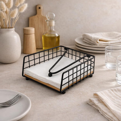 Gurubhai Equipments Metal Wire Napkin Holder with Wooden Base | Square Tabletop Tissue Paper Holder with Pressure Arm | Black Napkin Stand for Dining Table, Restaurant & Cafe