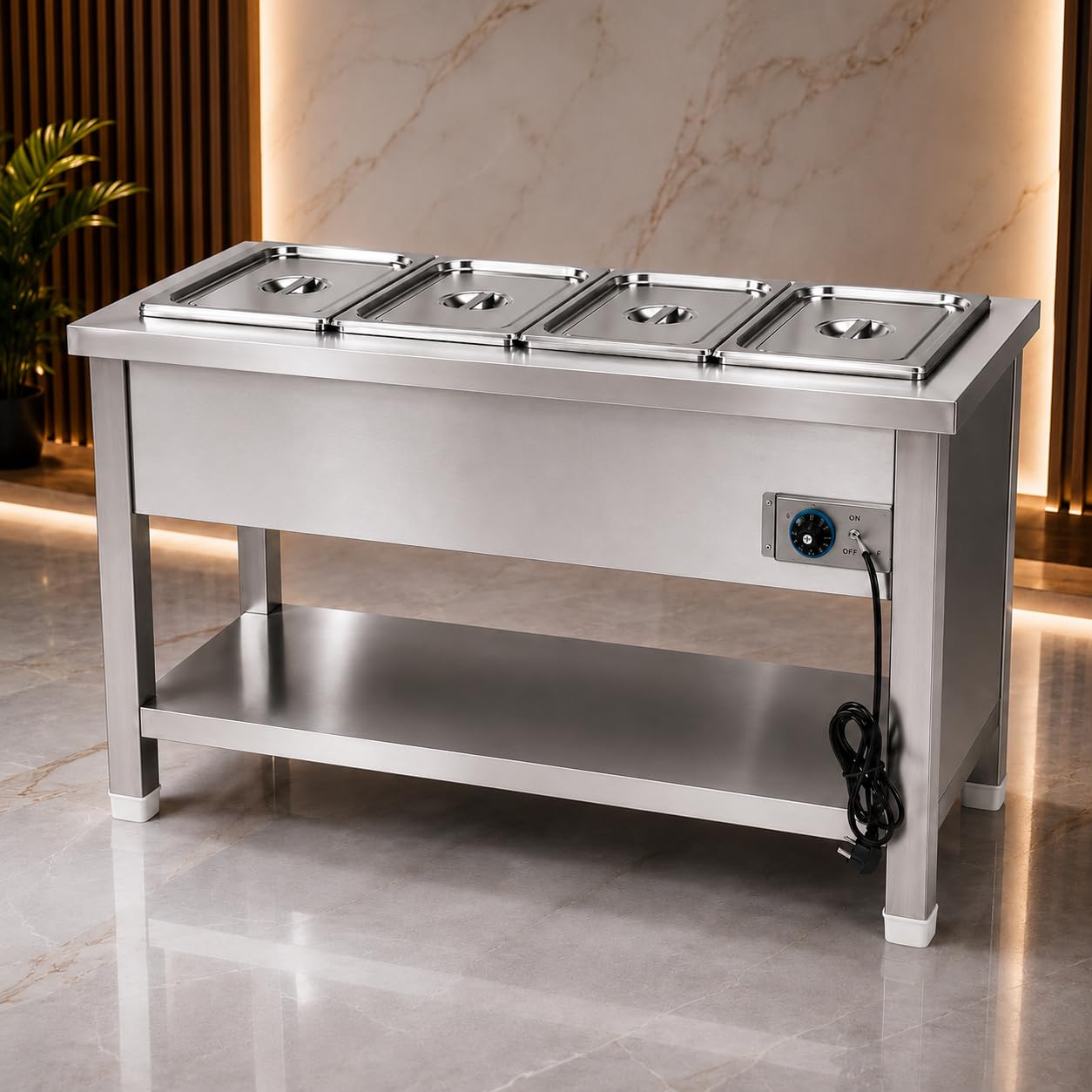 Gurubhai Equipments Electric Autocut Bain Marie Commercial Food Warmer Steam Table Buffet Counter with Undershelf for Restaurant Catering