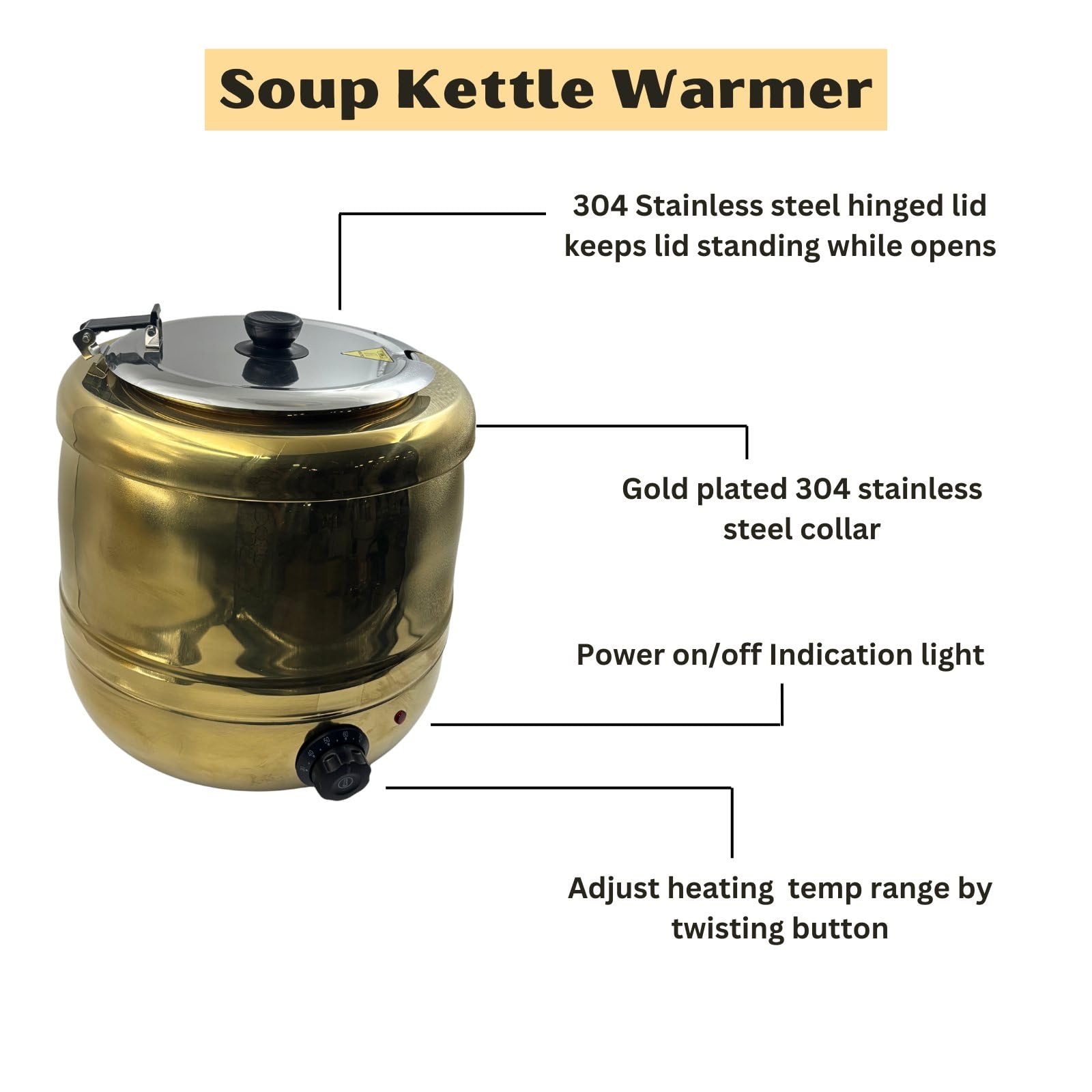 Gurubhai Equipments Electric Golden Soup Kettle Warmer, 10 Liter – Soup Warmer Tureen for Catering, Restaurants & Buffets, Ideal for Keeping Soups, Stews & Hot Foods Warm