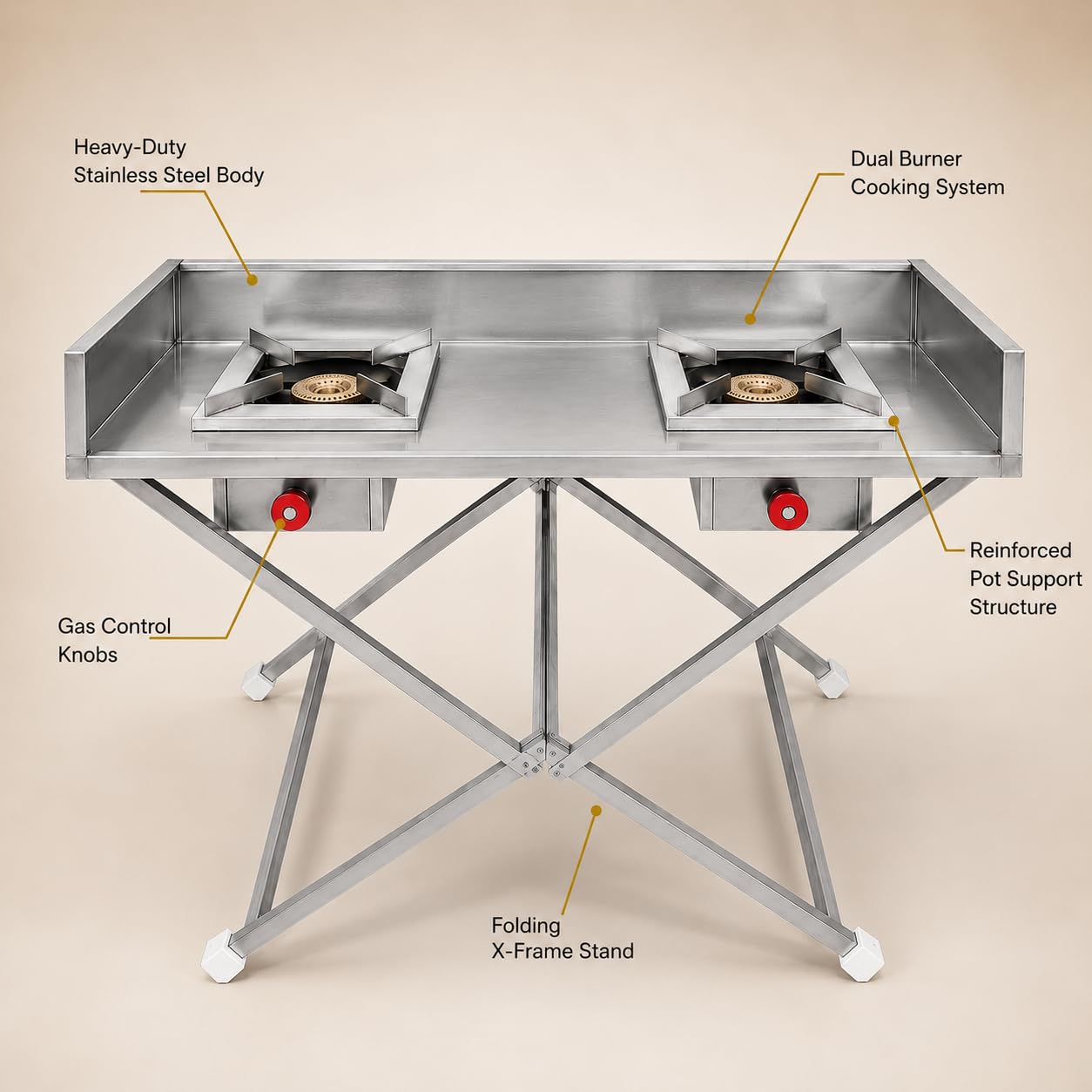 Gurubhai Equipments Stainless Steel Double Burner Folding Gas Stove – Portable Commercial Bhatti with Control Valves & Side Wall | Ideal for Outdoor Catering, Events & Street Food Stalls