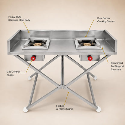Gurubhai Equipments Stainless Steel Double Burner Folding Gas Stove – Portable Commercial Bhatti with Control Valves & Side Wall | Ideal for Outdoor Catering, Events & Street Food Stalls
