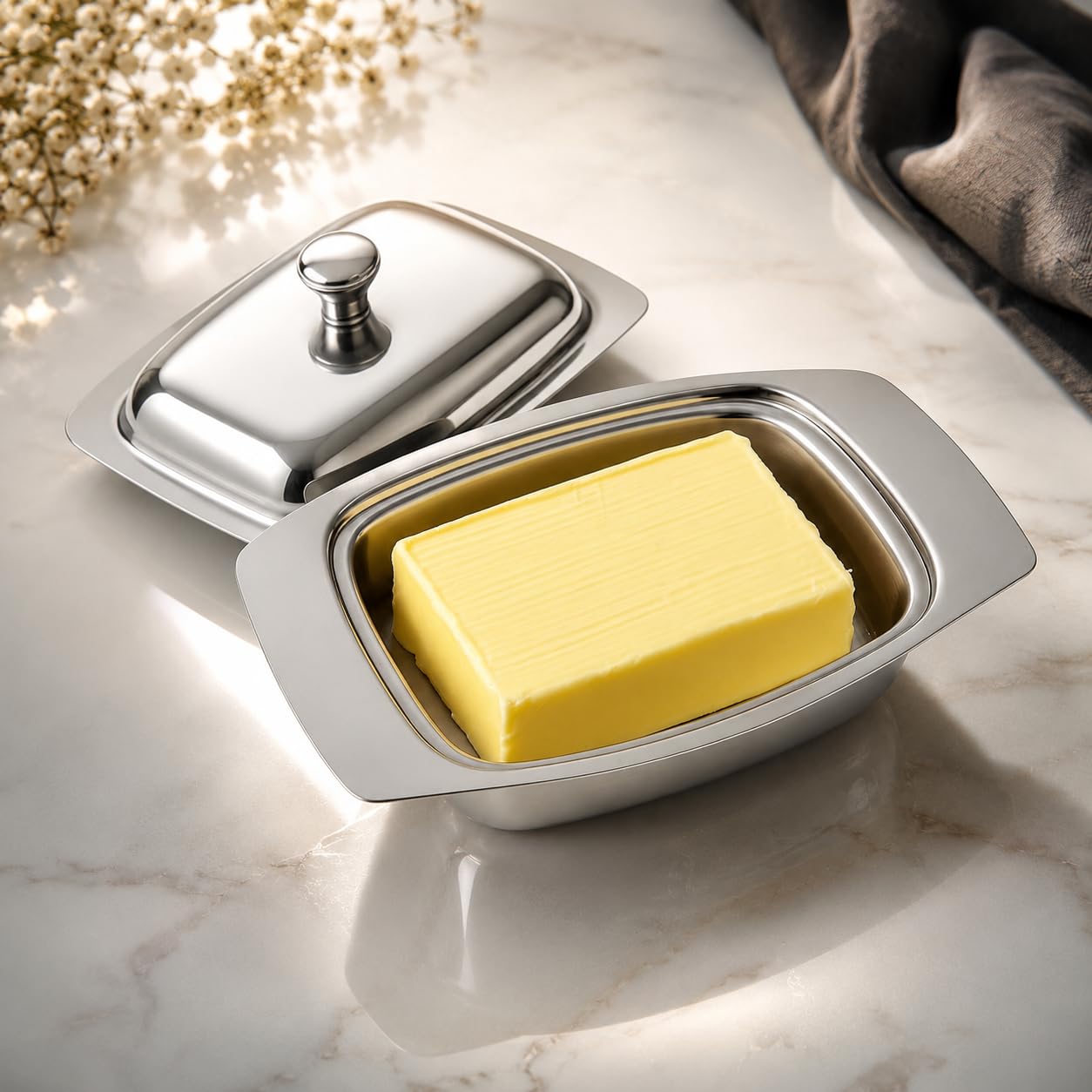 Gurubhai Equipments Stainless Steel Butter Dish with Lid – Rust-Free Butter Box for Storage & Table Serving | Elegant Serveware for Home, Café & Restaurant Use