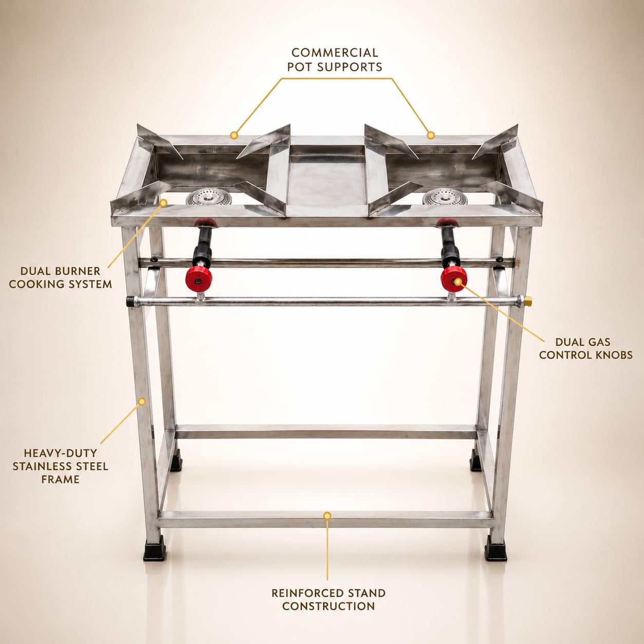 Gurubhai Equipments 2-Burner Stainless Steel Gas Stove | Commercial Heavy-Duty Cooking Range with Cast Iron Burners & Sturdy Frame | Ideal for Hotels, Restaurants & Outdoor Catering