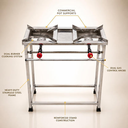 Gurubhai Equipments 2-Burner Stainless Steel Gas Stove | Commercial Heavy-Duty Cooking Range with Cast Iron Burners & Sturdy Frame | Ideal for Hotels, Restaurants & Outdoor Catering