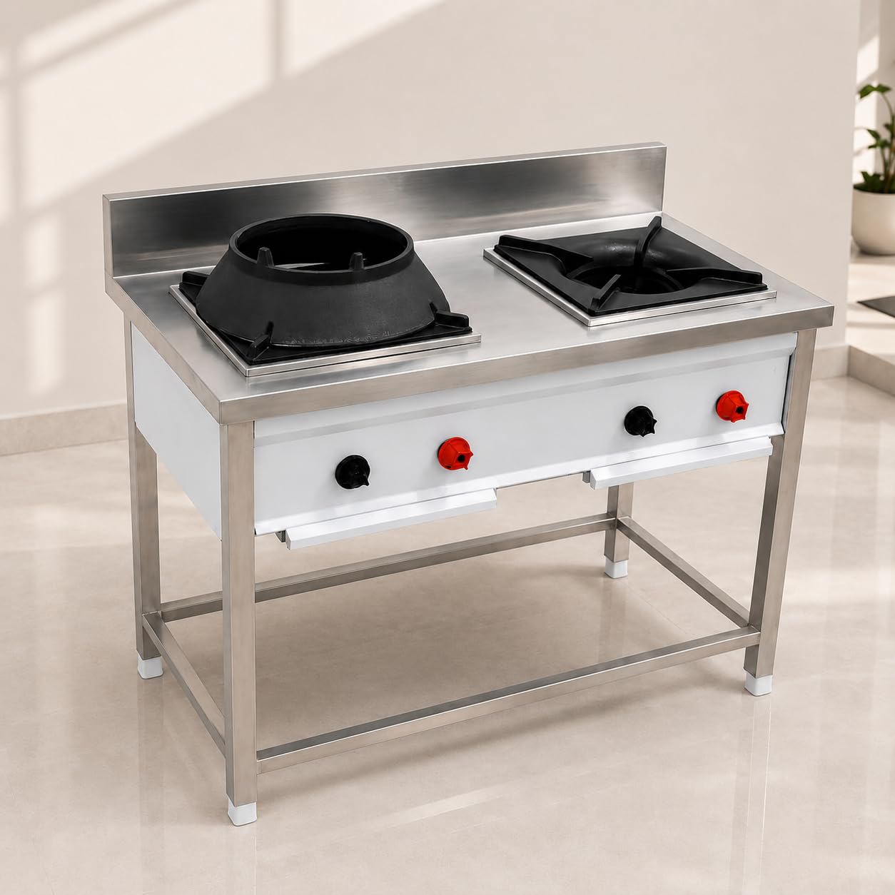 Gurubhai Equipments 2 Burner Stainless Steel Commercial Gas Stove with 1 Chinese Burner & 1 Single Burner Heavy Duty Cooking Range for Hotel Restaurant Catering Kitchen