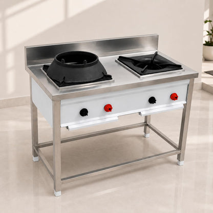 Gurubhai Equipments 2 Burner Stainless Steel Commercial Gas Stove with 1 Chinese Burner & 1 Single Burner Heavy Duty Cooking Range for Hotel Restaurant Catering Kitchen