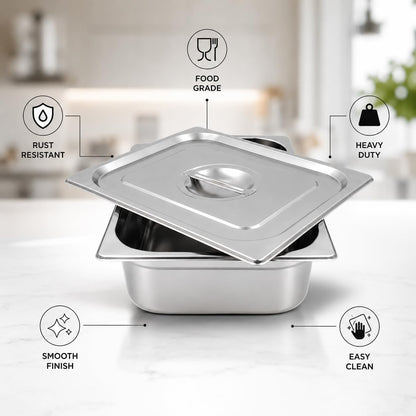 GURUBHAI EQUIPMENTS Gn Pan Food Container 1/2 100mm (4" Deep) Stainless Steel Gastronorm Pan with Lid-(Set of 1) – Easy-to-Clean Food Storage Solution for Commercial Kitchens, Catering use