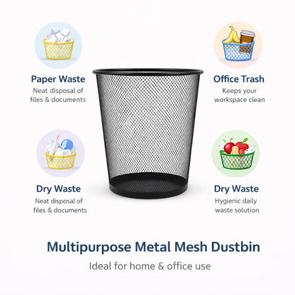 GURUBHAI EQUIPMENTS Metal Mesh Waste Bin | Black Dustbin for Office, Home, Kitchen, Study Room & Bathroom | Round Open Trash Can for Paper & Dry Waste (Steel Mesh, Rust-Resistant)