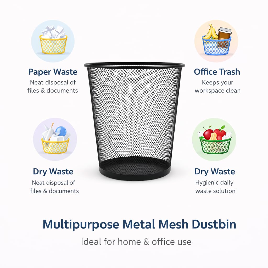 GURUBHAI EQUIPMENTS Metal Mesh Waste Bin | Black Dustbin for Office, Home, Kitchen, Study Room & Bathroom | Round Open Trash Can for Paper & Dry Waste (Steel Mesh, Rust-Resistant)
