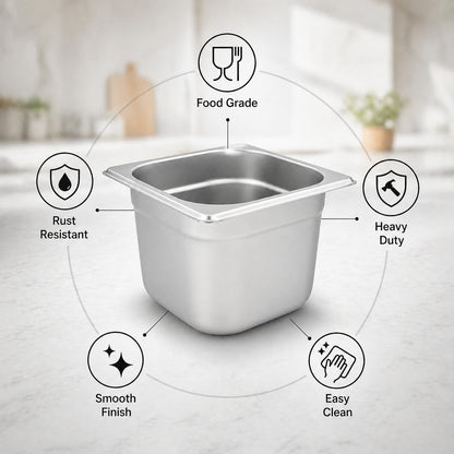 GURUBHAI EQUIPMENTS GN Pan Food Container 1/6 150mm (6" Deep) Stainless Steel Gastronorm Pan, Easy-to-Clean Food Storage Solution for Commercial Kitchen & Catering Use