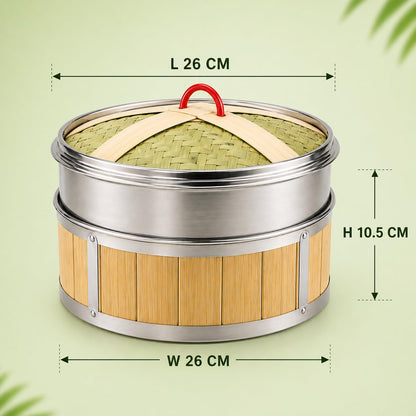 Gurubhai Equipments Bamboo Stainless Steel 26 Cm Steamer Basket with Lid – 1 Tier Round | Traditional Wooden Steamer for Momos, Dim Sum, Dumplings & Vegetables | Eco-Friendly Food Steamer for Healthy Cooking