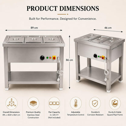 Gurubhai Equipments 1/2 3GN Electric Autocut Bain Marie Food Warmer with Undershelf Stainless Steel Buffet Counter for Hotel Restaurant Catering