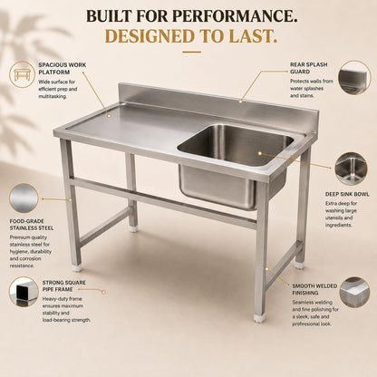 Gurubhai Equipments Stainless Steel Single Bowl Sink Unit with Backsplash | Heavy-Duty Commercial Kitchen Sink Table for Restaurants, Hotels & Catering Use