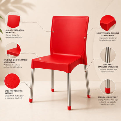 GURUBHAI EQUIPMENTS Dining Chair Restaurant Chair Cafe Chair for Home Dining Room Indoor Outdoor Seating (CHR-SS-RED-Pack-4)