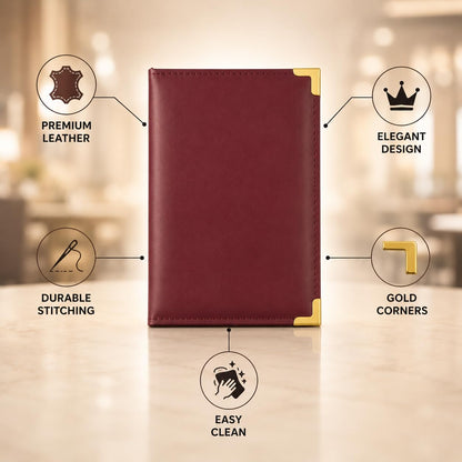 Gurubhai Equipments PU Leather Bill Folder with Golden Metal Corners – Premium Restaurant Check Presenter | Durable Menu & Bill Holder for Hotels & Cafés