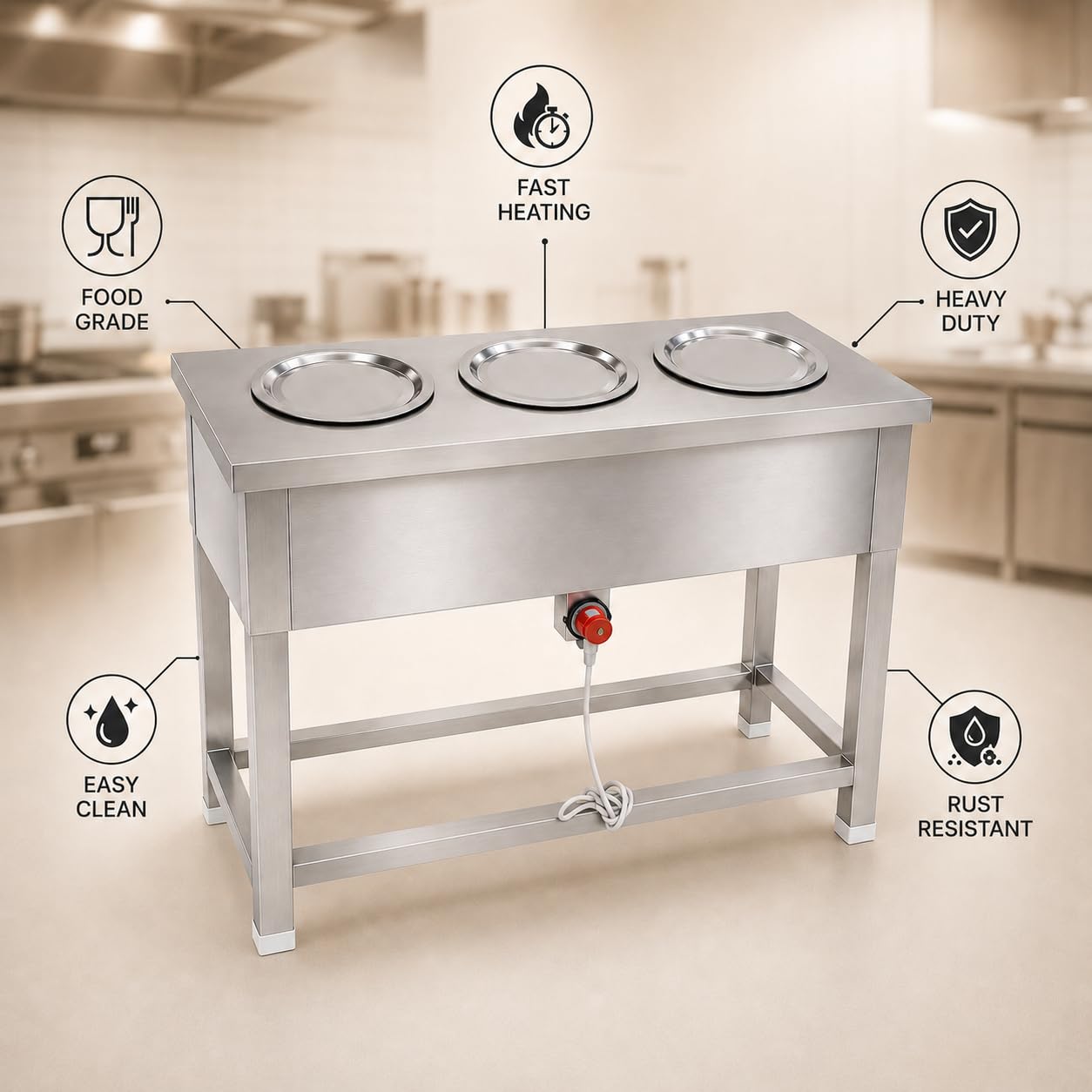Gurubhai Equipments 3 Pot Electric Bain Marie Commercial Food Warmer Stainless Steel Steam Table Buffet Counter for Restaurant Catering