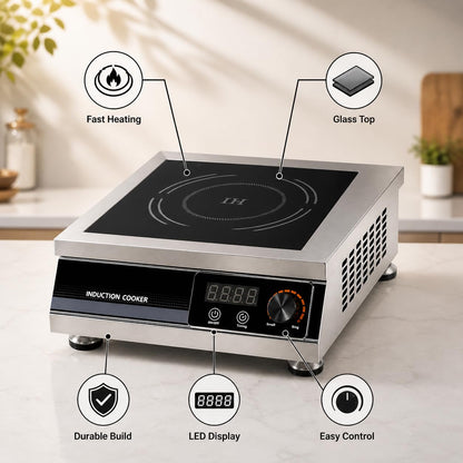 Gurubhai Equipment Commercial Induction Stove 3500W Flat Induction Cooktop with Knob Control for Restaurant Catering Buffet Cloud Kitchen