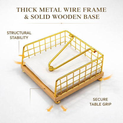 Gurubhai Equipments Metal Wire Napkin Holder with Wooden Base | Square Tabletop Tissue Paper Holder with Pressure Arm | Black Napkin Stand for Dining Table, Restaurant & Cafe