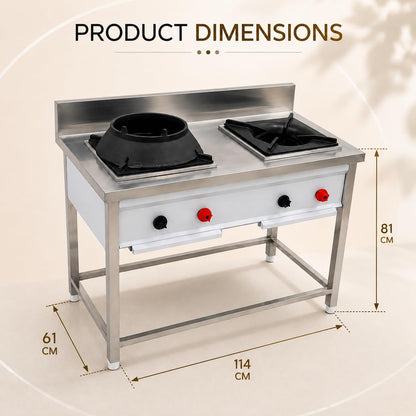 Gurubhai Equipments Stainless Steel Commercial Single Burner Gas Stove Table with Worktop Backsplash & Under Shelf for Hotel Restaurant Kitchen