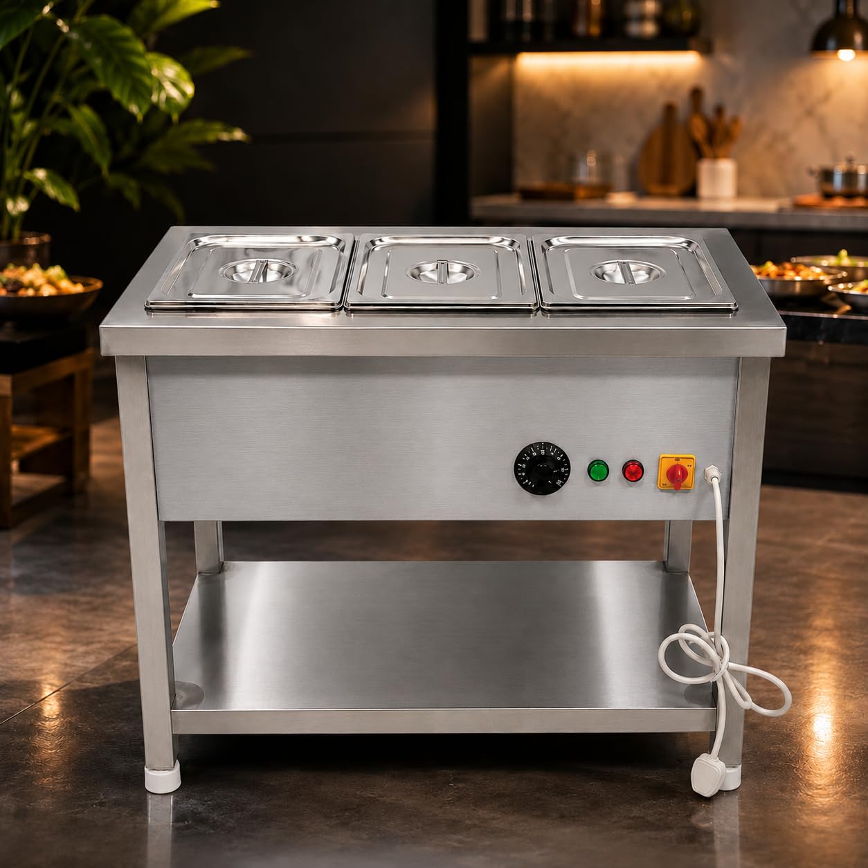 Gurubhai Equipments Electric Autocut Bain Marie Commercial Food Warmer Steam Table Buffet Counter with Undershelf for Restaurant Catering