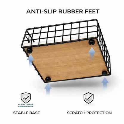 Gurubhai Equipments Metal Wire Napkin Holder with Wooden Base | Square Tabletop Tissue Paper Holder with Pressure Arm | Black Napkin Stand for Dining Table, Restaurant & Cafe