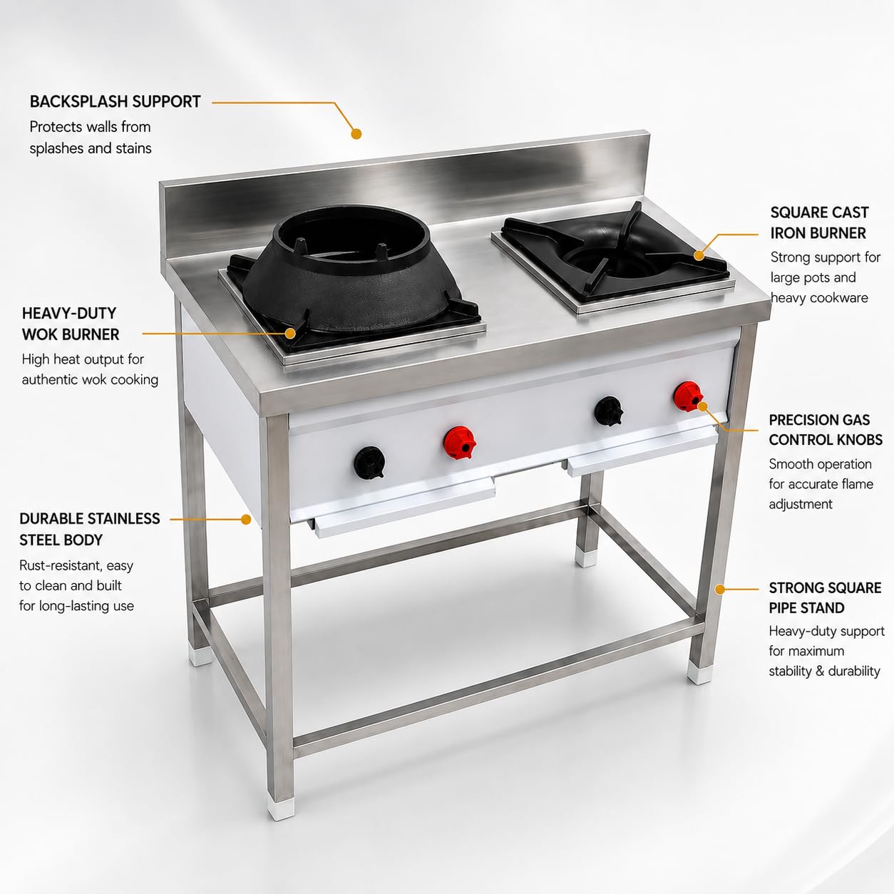 Gurubhai Equipments Stainless Steel Commercial Single Burner Gas Stove Table with Worktop Backsplash & Under Shelf for Hotel Restaurant Kitchen