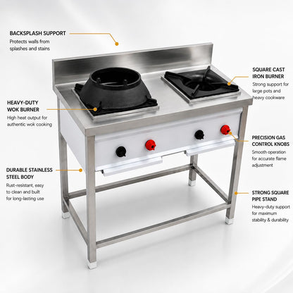 Gurubhai Equipments 2 Burner Stainless Steel Commercial Gas Stove with 1 Chinese Burner & 1 Single Burner Heavy Duty Cooking Range for Hotel Restaurant Catering Kitchen