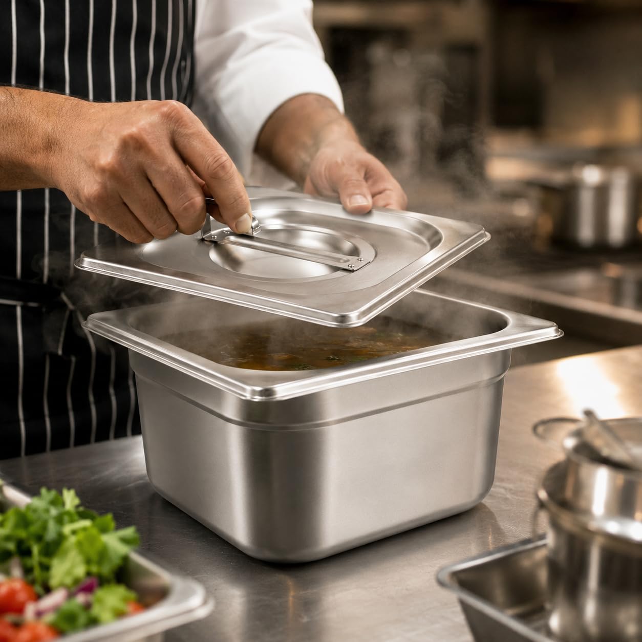 GURUBHAI EQUIPMENTS Stainless Steel 1/6 GN Pan with Lid – 100mm (4" Deep) Gastronorm Food Container | Easy-to-Clean Storage Solution for Commercial Kitchens, Restaurants & Catering (Set of 6)