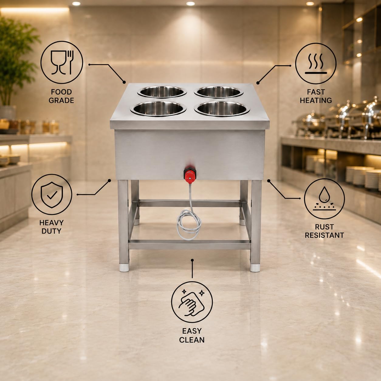 Gurubhai Equipments Electric Bain Marie Commercial Food Warmer Steam Table Buffet Counter for Restaurant Catering